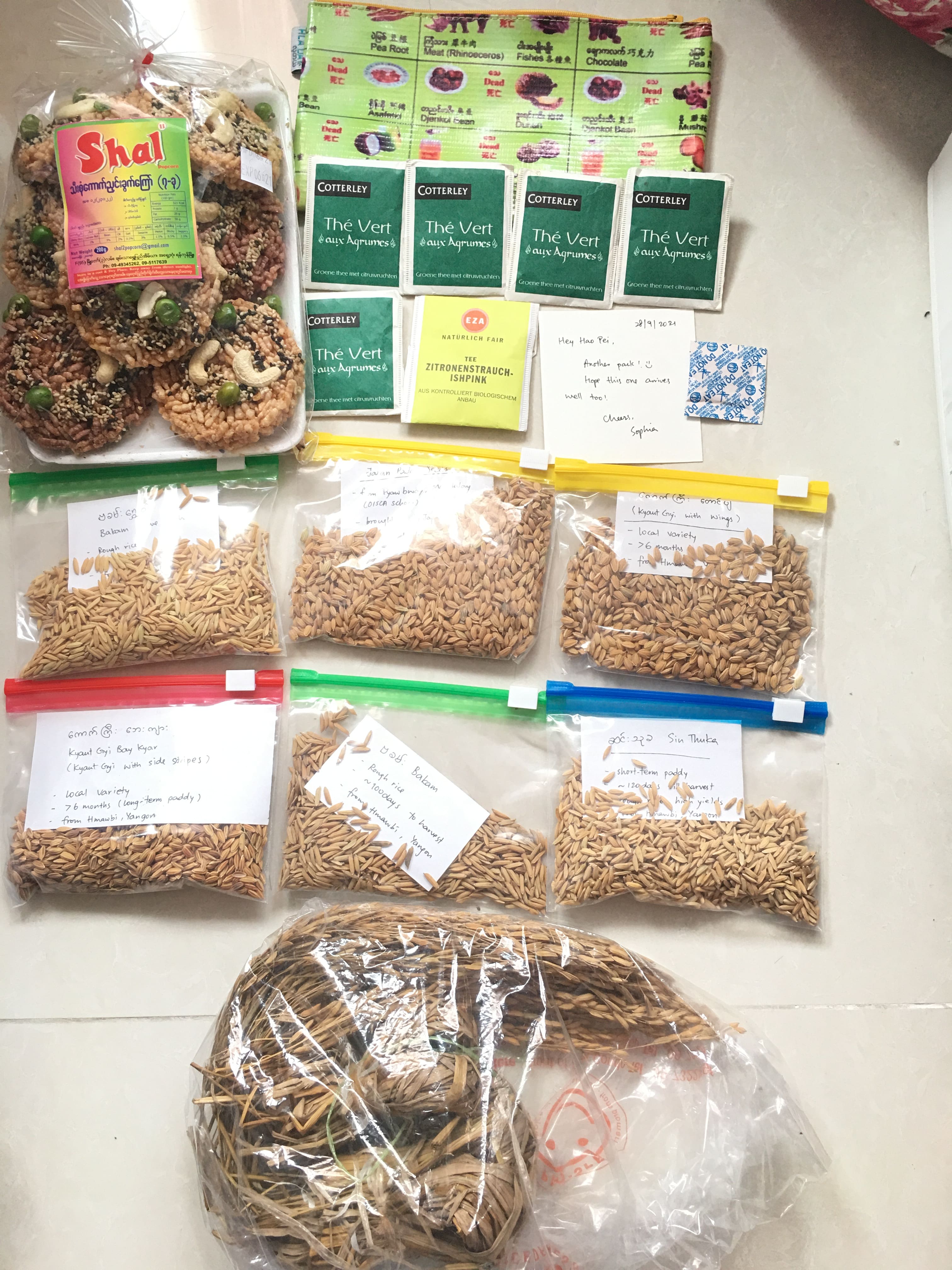 Sin Thuka (Early maturing rough rice), Bakam (Early maturing rough rice), Bakam Shwe Wah (High-yield rough rice), Manaw Hari (Early maturing rough rice), Kayin Ma (Early maturing rough rice), Kyaut Gyi Bar Kyar [Kyaut with side stripes] (Late maturing local variety), Kyaut Gyi with wings (Late maturing local variety)